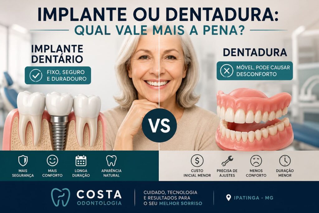 Comparação entre implante dentário e dentadura em Ipatinga, mostrando diferenças de conforto, estabilidade e durabilidade