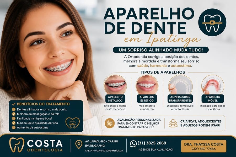 Paciente sorrindo com aparelho de dente em Ipatinga durante tratamento ortodôntico na Costa Odontologia